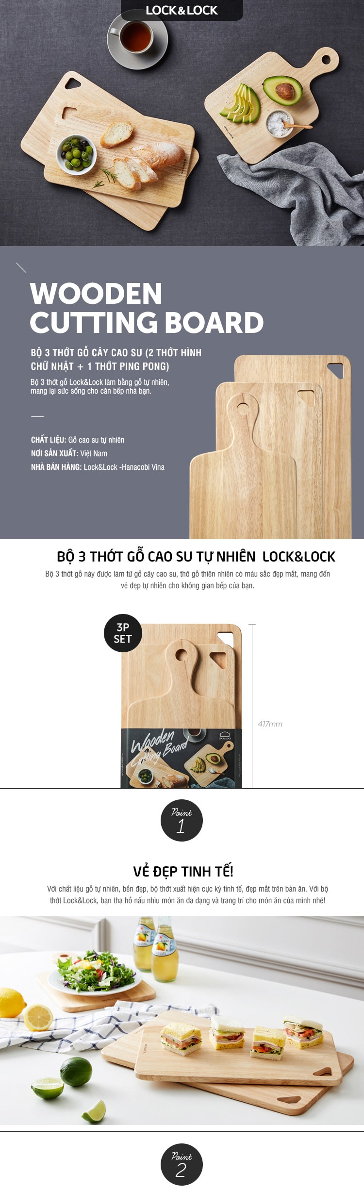 Bộ 3 thớt gỗ cao su lock&lock lwc001s3